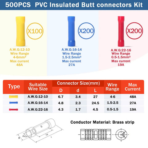 500 Pcs Assorted Wire Butt Splice Crimp Connectors Kit for hot rods and DIY wiring jobs, PVC insulated brass terminals