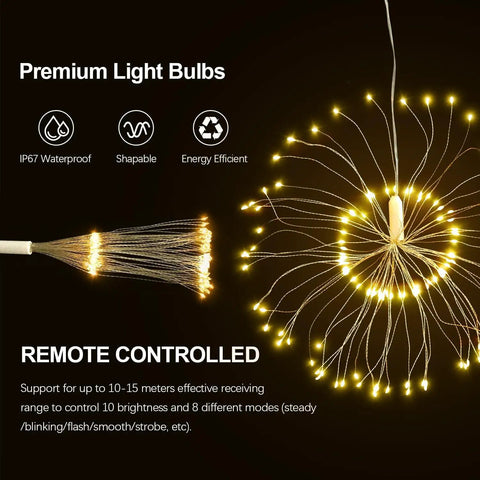 Lit 8 Pack LED Copper Wire Firework String Lights With Remote, Dimmable And Waterproof IP65, Shown in Flower Shape