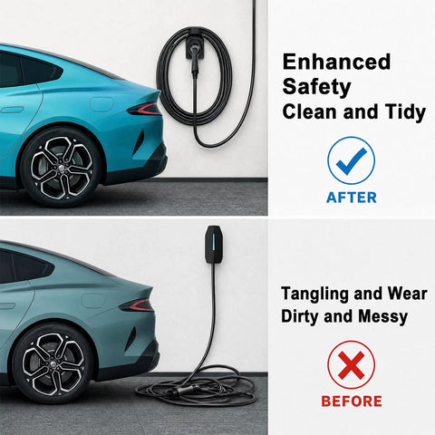 Tough As Nails Heavy Duty Nylon EV Charger Holder Wall Mount For Outdoor Storage, showcasing tidy organization after use.