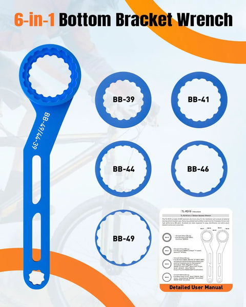 6 In 1 Bike Bottom Bracket Tool For 39 41 44 46 49 Mm External Cups With 12 And 16 Notches Includes Crank Removal Tool And Crank Cap Works With Shimano SRAM FSA And Other Major Brands Durable Aluminum Alloy Build.