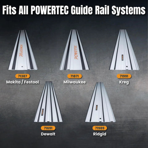 Top Shelf 110 Inch Track Saw Guide Rail Kit With Two 55 Inch Rails on display for various brands including Makita, Dewalt, and Milwaukee.