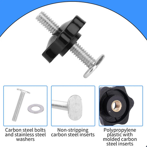 Pro Grade T Track Knob Kit Set with Plastic Star Knobs and Bolts, Quarter Inch by Twenty Threads, Carbon Steel, Stainless Washer
