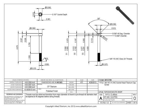 Technical drawing of Pro Grade 2 Titanium Socket Head Cap Screws Three Eighths Sixteen By Four Inch UNC threaded fasteners.