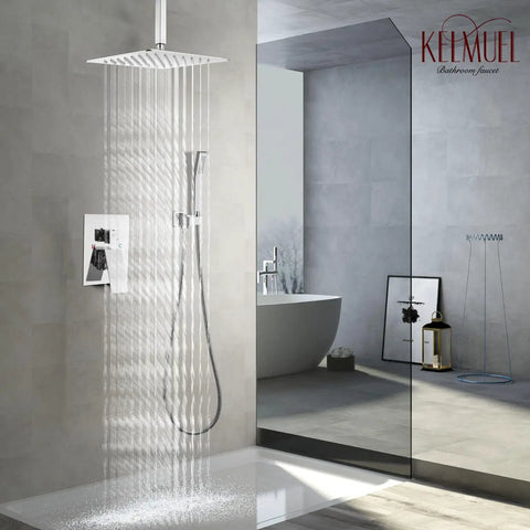 Chrome Ceiling Mount 16 Inch Rainfall Shower Head With Handheld Spray in modern bathroom setting