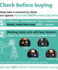Infographic on criteria for Two Pack Garage Door Opener Remote Compatible With Chamberlain LiftMaster Craftsman 893LM 893MAX.
