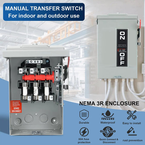 Legit Heavy Duty 3 Pole 30 Amp 240 Volt 3 Wire Ac Disconnect Switch Box With Snappy Quick Release Lever and No Bypass Fuse Safety Cutout for HVAC compressors and motors.