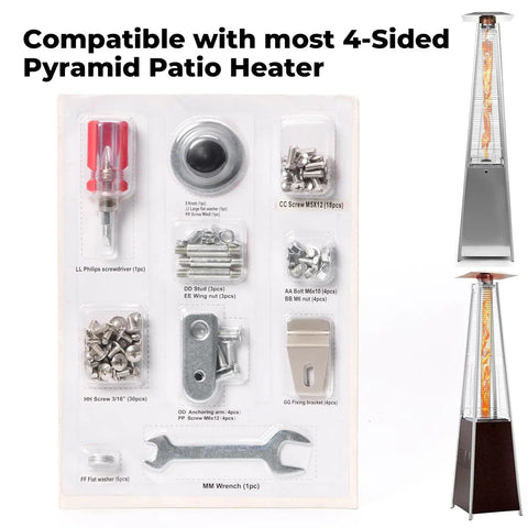 Outdoor Pyramid Patio Heater Hardware Replacement Kit With Bolt And Nut Set For Propane Patio Heaters Galvanized M5 Screws Knob Philips Screwdriver Included Easy Install Weather Resistant Fastener Pack For 4 Sided Pyramid Heaters shown with components