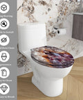 Toilet Seat Elongated Quiet Close for Bathroom Use on a white toilet, featuring a colorful pattern and ergonomic design.