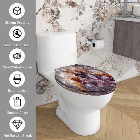 Toilet Seat Elongated Quiet Close for Bathroom Use on a white toilet, featuring a colorful pattern and ergonomic design.
