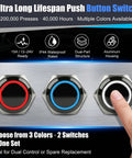 Two Pack 16mm Push Button Switch 12V DC Latching On Off Waterproof LED Blue with Bright Ring, Built Tough Metal Construction, High Visibility, Durable Click Action for Marine, Automotive, DIY Projects. Three 16mm metal push buttons with blue, red and white rings