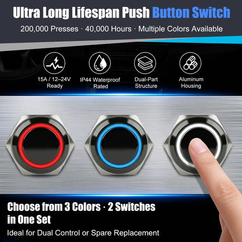 Two Pack 16mm Push Button Switch 12V DC Latching On Off Waterproof LED Blue with Bright Ring, Built Tough Metal Construction, High Visibility, Durable Click Action for Marine, Automotive, DIY Projects. Three 16mm metal push buttons with blue, red and white rings