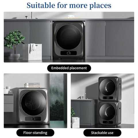 Fully Automatic Portable Washing Machine And Dryer Set Featuring A Solid Stainless Steel Tub Plus 17 Lbs Washer Paired With 10 Lbs Dryer in embedded, floor-standing, and stacked placement.