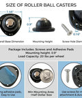 Top Shelf Heavy Duty Self Adhesive Caster Wheels Four Pack dimensions, 0.9" mounting height, 20 lbs capacity, with screws.