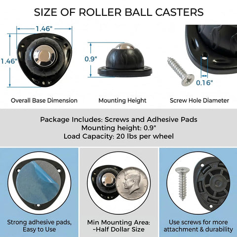 Top Shelf Heavy Duty Self Adhesive Caster Wheels Four Pack dimensions, 0.9" mounting height, 20 lbs capacity, with screws.