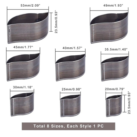 Leaf Shape Leather Punch Set With 8 Size Die Cutters for DIY leather craft, showing different cutter sizes in a diagram.