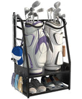 Two Bag Golf Bag Organizer Wall Mount Or Freestanding With Four Club Racks Ten Hooks And Storage Shelf Adjustable Feet Space Saving Stand For Garage Store Club Shed with two bags and clubs