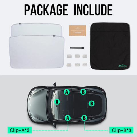 OtriFowd Tesla Model Y sunshade kit with two foldable UV-blocking panels and clips (front view)