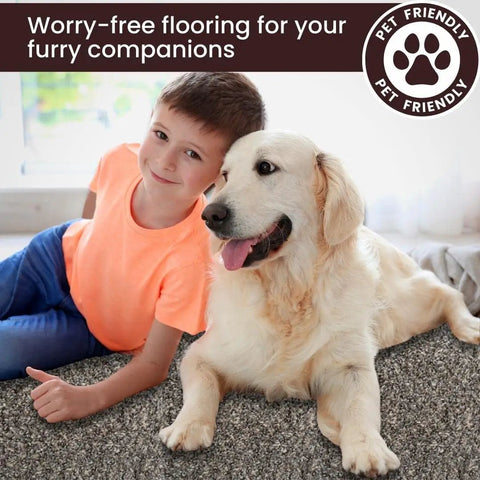 Child and dog on Premium Plush Carpet Tiles With Built In Padding 18x18 Inch Peel And Stick Floor Tiles For DIY Install