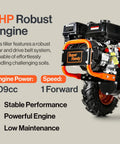 Heavy Duty Gas Tiller Cultivator With 7HP 209cc Engine featuring robust gear and drive belt system