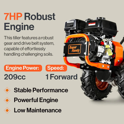 Heavy Duty Gas Tiller Cultivator With 7HP 209cc Engine featuring robust gear and drive belt system