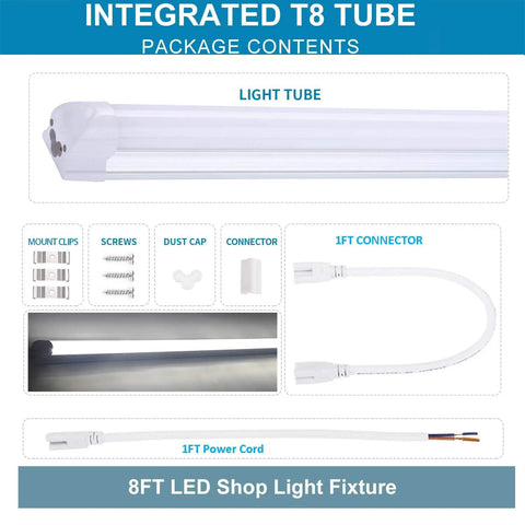 8Ft LED Shop Light Fixture 72W 6000K Cool White T8 Integrated Strip Lights package contents shown