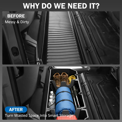Before and after view of Under Seat Storage Organizer For Honda Ridgeline 2017-2026 Crew Cab Custom Fit Rear Underseat Box With Dividers Heavy Duty Waterproof Truck Storage No Drilling Keeps Tools Gear Neat And Accessible, showing the transformation of messy space to organized storage.