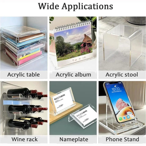 Wide applications of Heavy Duty Acrylic Bender Heater With Smart Angle Bracket Setup And Rapid Water Cooling Loop Manual Hot Plastic Pvc Bending Machine For Sign Shops And No Hassle Workshop Builds 1250Mm, showing various acrylic products.