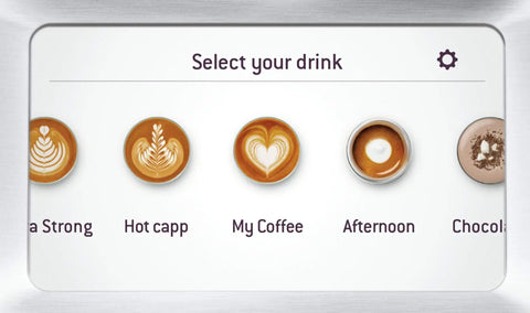 Heavy Duty Fully Automatic Espresso Machine With Slick Touchscreen Interface And Pro Grade Dual Boiler Rig For Killer Specialty Coffee At Home Featuring Precise Thermal Regulation And Smooth Simultaneous Brewing drink selection screen with four coffee options.