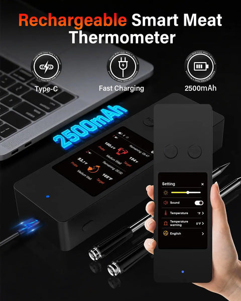 8 Sensor Smart Wireless Meat Thermometer with built-in touchscreen and Type C charging, displayed with digital settings