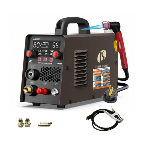 Dual Voltage Plasma Cutter 55A Portable With Non Touch Pilot Arc, LED Panel, shown with accessories and connectors