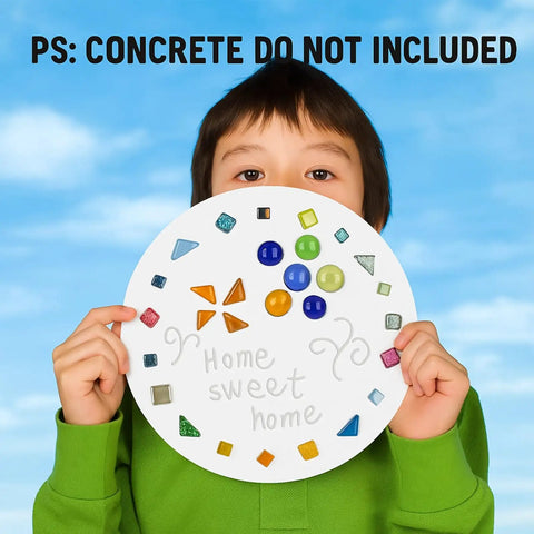 Child holding a decorated stepping stone from the DIY Stepping Stone Kit With 20 Round Molds 250g Mosaic Tiles And 3 Carving Tools.