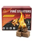 Box and stack of Easy Burn Fire Starter Squares for Wood Stoves No Mess Campfires Grills and Fireplaces Natural Waterproof BBQ Fire Starters 64 Mini Squares Quick Lighting For Backyard Campouts And Cozy Evenings in use.