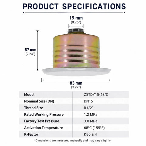 Concealed Pendent Automatic Fire Sprinkler Head 2 Pack specifications image showing dimensions and model details.