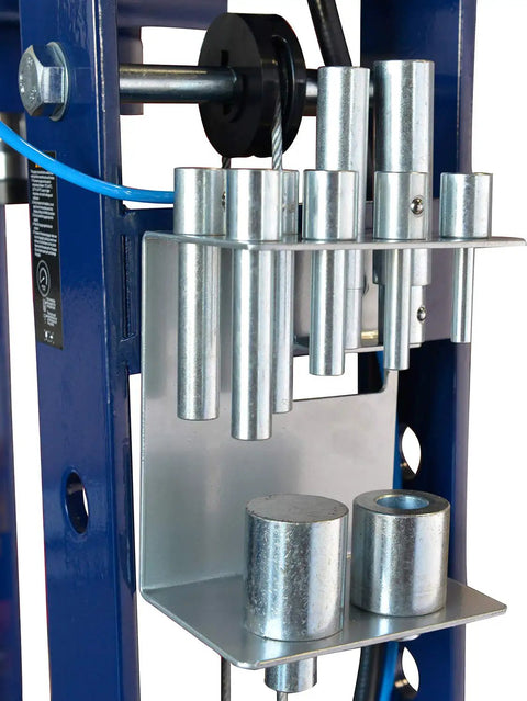 Close-up of the Badass Heavy Duty Steel H Frame 50 Ton Hydraulic Shop Press With Foot Pump showing tooling and structure.