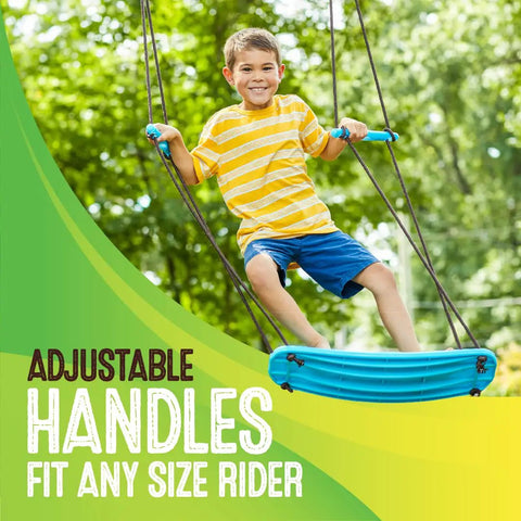 Boy swinging on Kick Stand Up Tree Swing For Backyard And Outdoor Swingsets Kid Friendly Platform Swing With Adjustable Handles