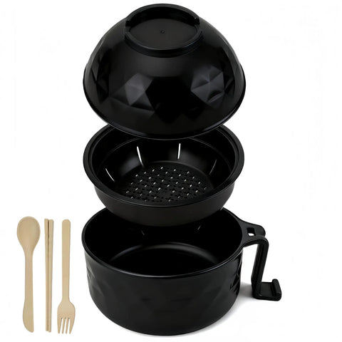 Ramen Cooker Bowl With Built In Handles And Chopsticks, 33oz Microwave Noodle Bowl showing 3-piece black design and utensils.