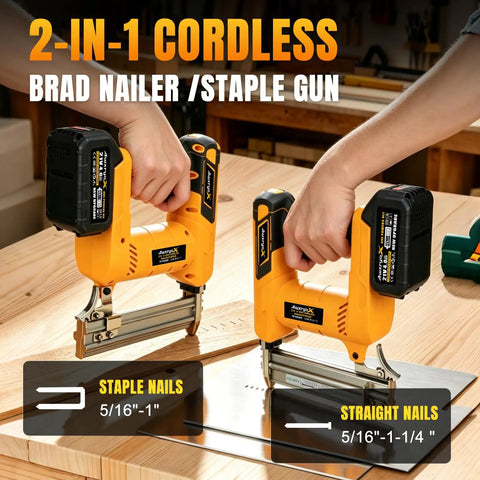 Badass Cordless Brad Nailer 18 Gauge Electric Nail Gun 21V Rechargeable Portable Nailer Kit showing stapler and brad nailer for DIY.