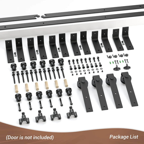 Components of 8 Ft Double Track Bypass Sliding Barn Door Hardware Kit For Two Doors, with heavy duty steel rails, black finish