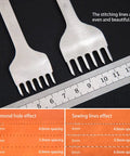 Leather Hole Punch Tool Set With Pricking Iron Prongs showing spacing with ruler and stitching effect in leather craft