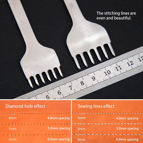 Leather Hole Punch Tool Set With Pricking Iron Prongs showing spacing with ruler and stitching effect in leather craft