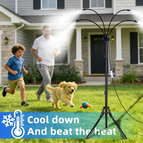 Outdoor Patio Misting System With Adjustable Five Point Seven Five Foot Spray Stand featuring cooling mist on patio lawn