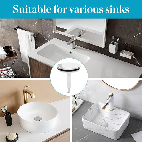 Bathtub Drain Stopper with Rotating Design and Silicone Seal Ring shown in various sink styles for versatility and use.