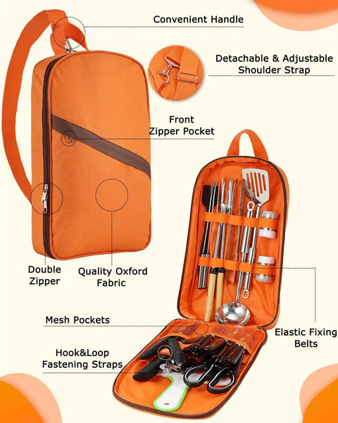 Open view of Ultimate Camping Cooking Utensil Set 33 Pcs Portable Cookware in orange oxford fabric bag with utensils inside