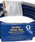 Airless Sprayer Hose 25 Feet One Quarter Inch Dark Blue Heavy Duty Extend Reach For High Jobs Like Peaks And Second Stories While Maintaining 3000 Psi Zinc Plated Spring Guard Corrosion Resistant Works With Graco And Magnum Airless Sprayers, coiled and labeled