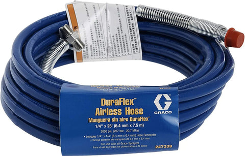 Airless Sprayer Hose 25 Feet One Quarter Inch Dark Blue Heavy Duty Extend Reach For High Jobs Like Peaks And Second Stories While Maintaining 3000 Psi Zinc Plated Spring Guard Corrosion Resistant Works With Graco And Magnum Airless Sprayers, coiled and labeled