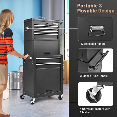 Six Drawer Rolling Tool Chest With Locking Cabinet On Wheels, 3 In 1 Tool Cabinet With Sliding Drawers And Removable Top Box in garage setting
