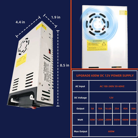 Beefy 600W 12V DC Power Converter dimensions and specifications for RVs, showing AC input, DC voltage, and max output