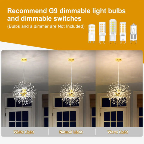 Lit Gold Crystal 9 Light Dandelion Firework Pendant Chandelier with G9 base showcasing dimmable light options in white, natural, and warm light.