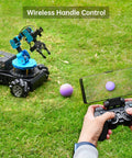 Front view of HIWONDER 6DOF robot arm on a black 4WD Mecanum chassis with remote controller and smartphone.