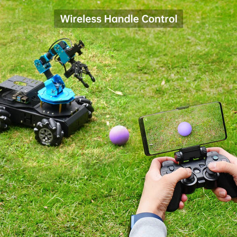 Front view of HIWONDER 6DOF robot arm on a black 4WD Mecanum chassis with remote controller and smartphone.